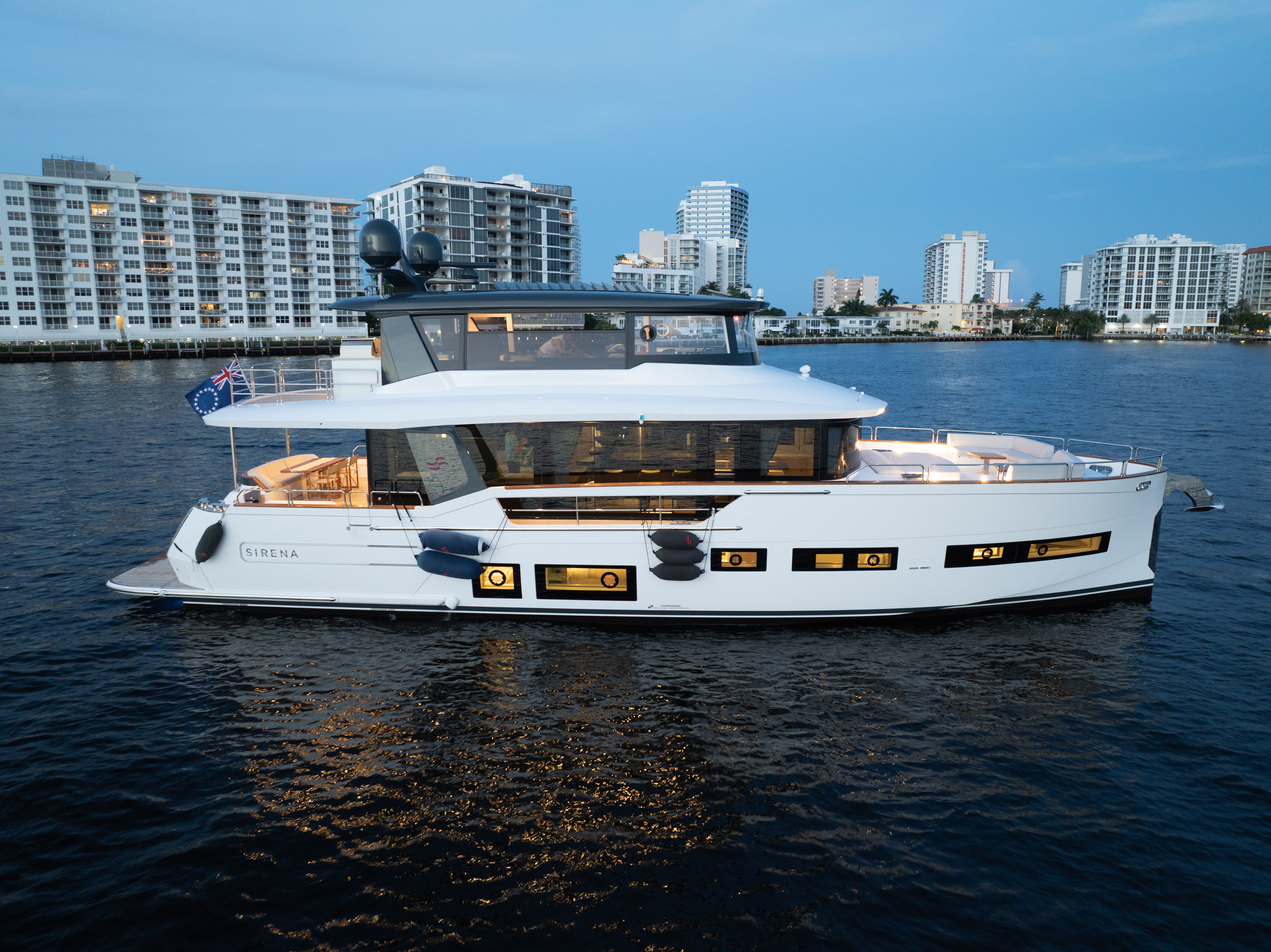 Sirena yacht at dusk along the Fort Lauderdale waterfront
