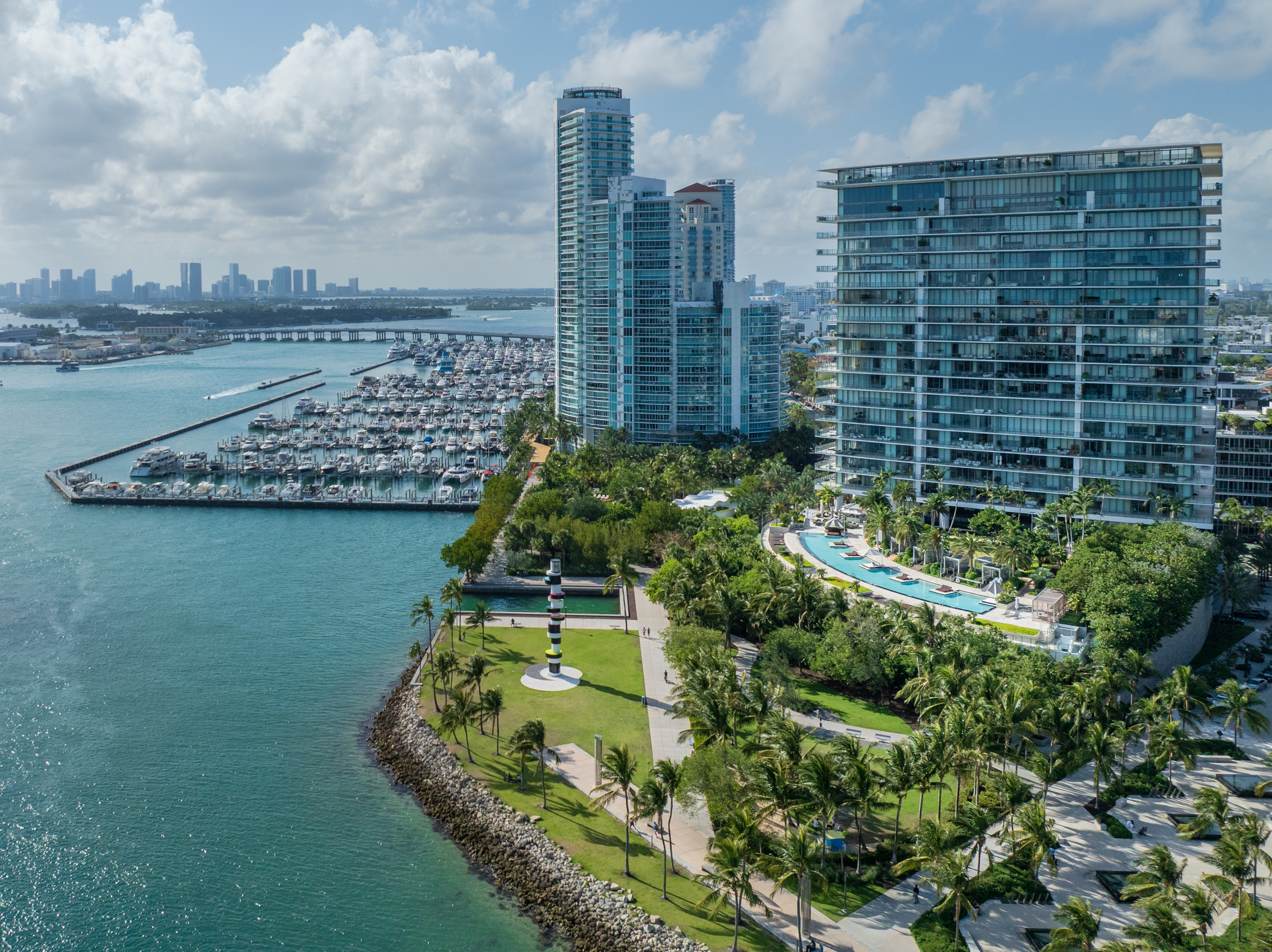 South Florida marina aerial — South Pointe and Miami Beach